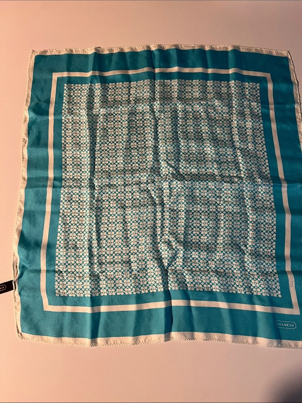 Coach SILK Teal and White Signature Square Scarf
